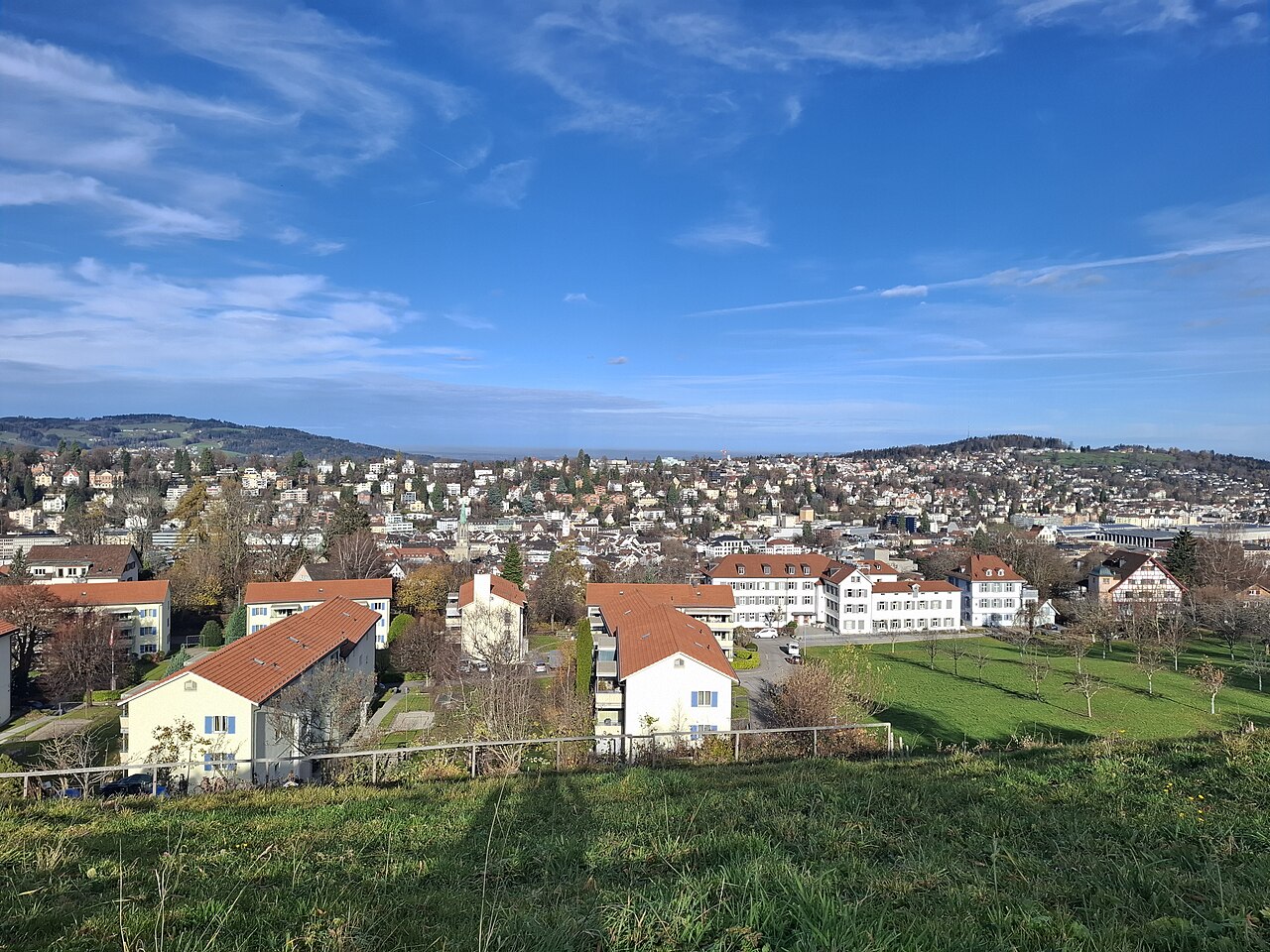 St.Gallen’s old town and cathedral seen from Drei Weieren